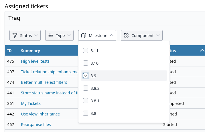 Assigned tickets on a user profile, with the milestone filter open and 3.9 selected