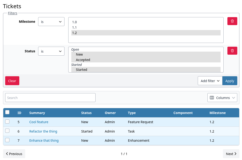 Ticket listing with milestone and status filters applied, and a table of matching tickets