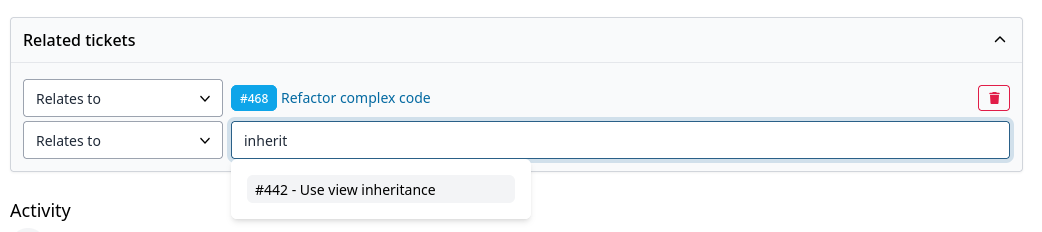 Related tickets panel with a linked ticket and a search suggestion for Use view inheritance